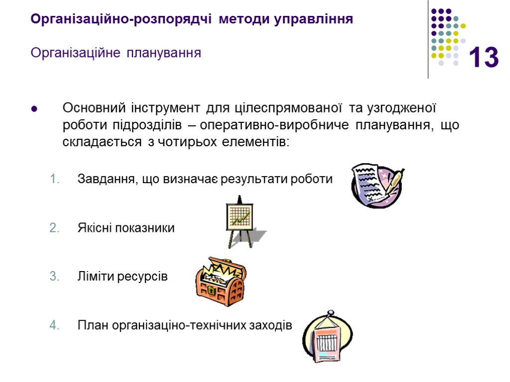 13 Організаційно-розпорядчі методи управління Організаційне планування Основний інструмент для цілеспрямованої та узгодженої роботи підрозділів